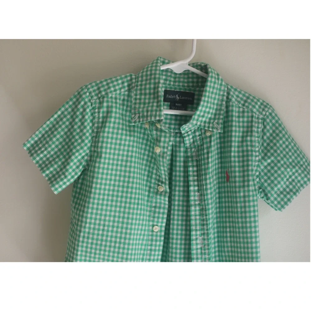 Ralph Lauren Boys Green Gingham Short Sleeve Button Down Shirt 4T Pink Pony